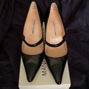 Manolo Blahnik Black Leather Mary Jane 38 1/2